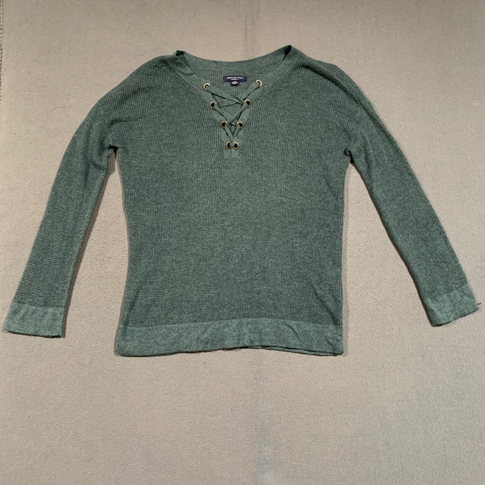 American Eagle Sweater Women S Dark Green Lace Up Waffle Knit Jegging Fit Boho